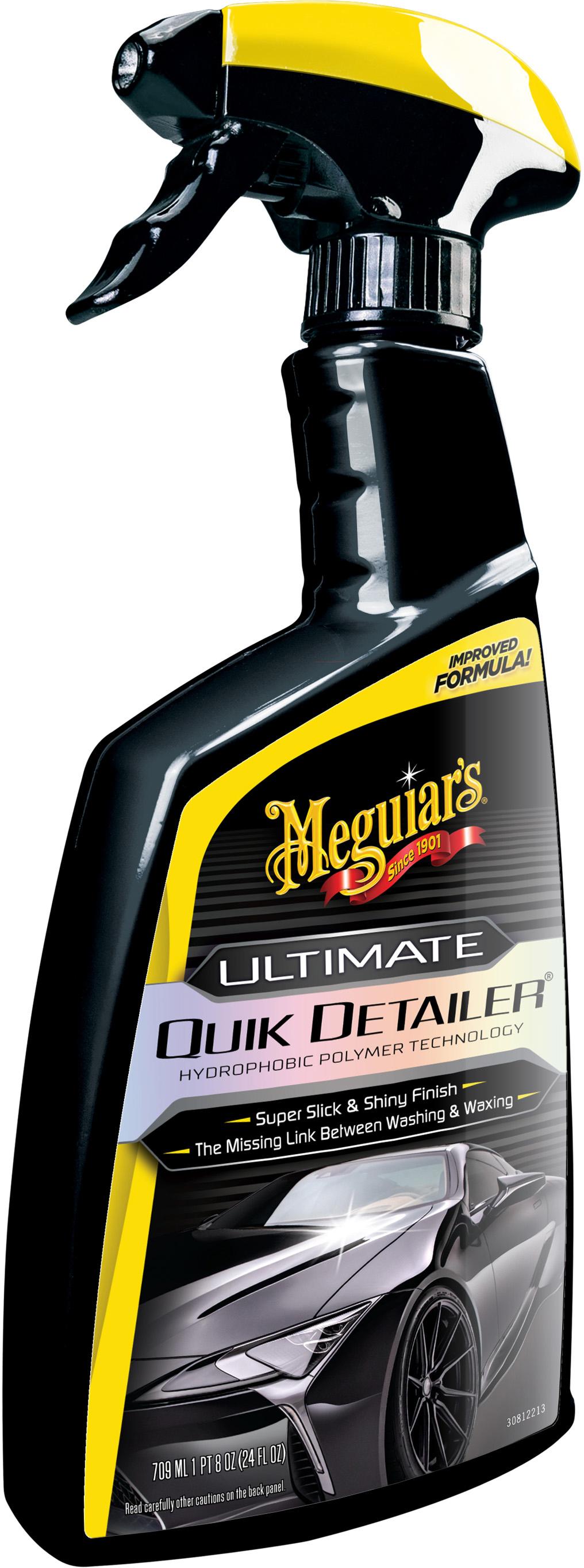 Black spray bottle of Meguiar's Ultimate Quik Detailer with yellow accents and red logo, 709ml size.