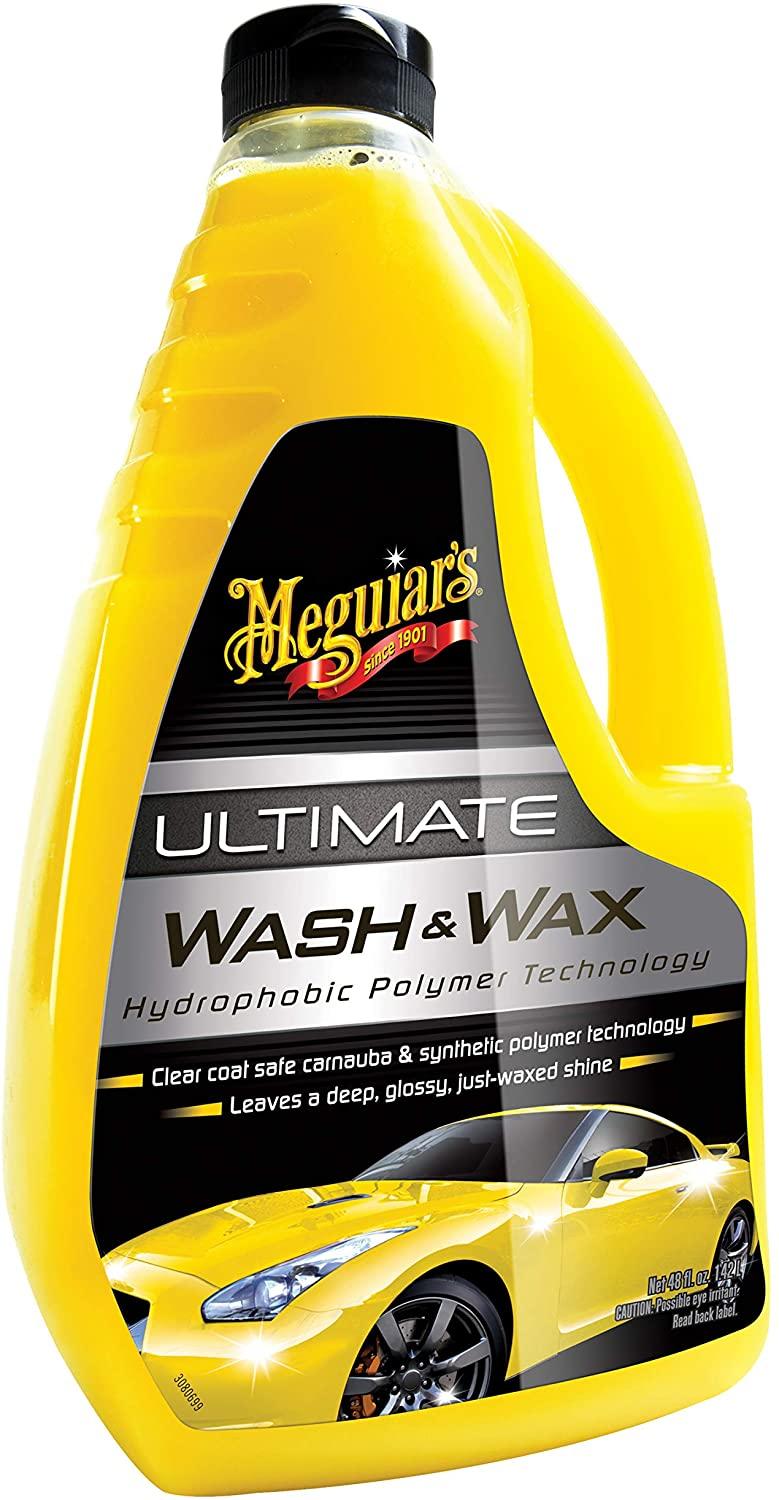 Yellow Meguiar's Ultimate Wash & Wax bottle, 1.42L, with black cap and car graphic, featuring hydrophobic polymer technology.
