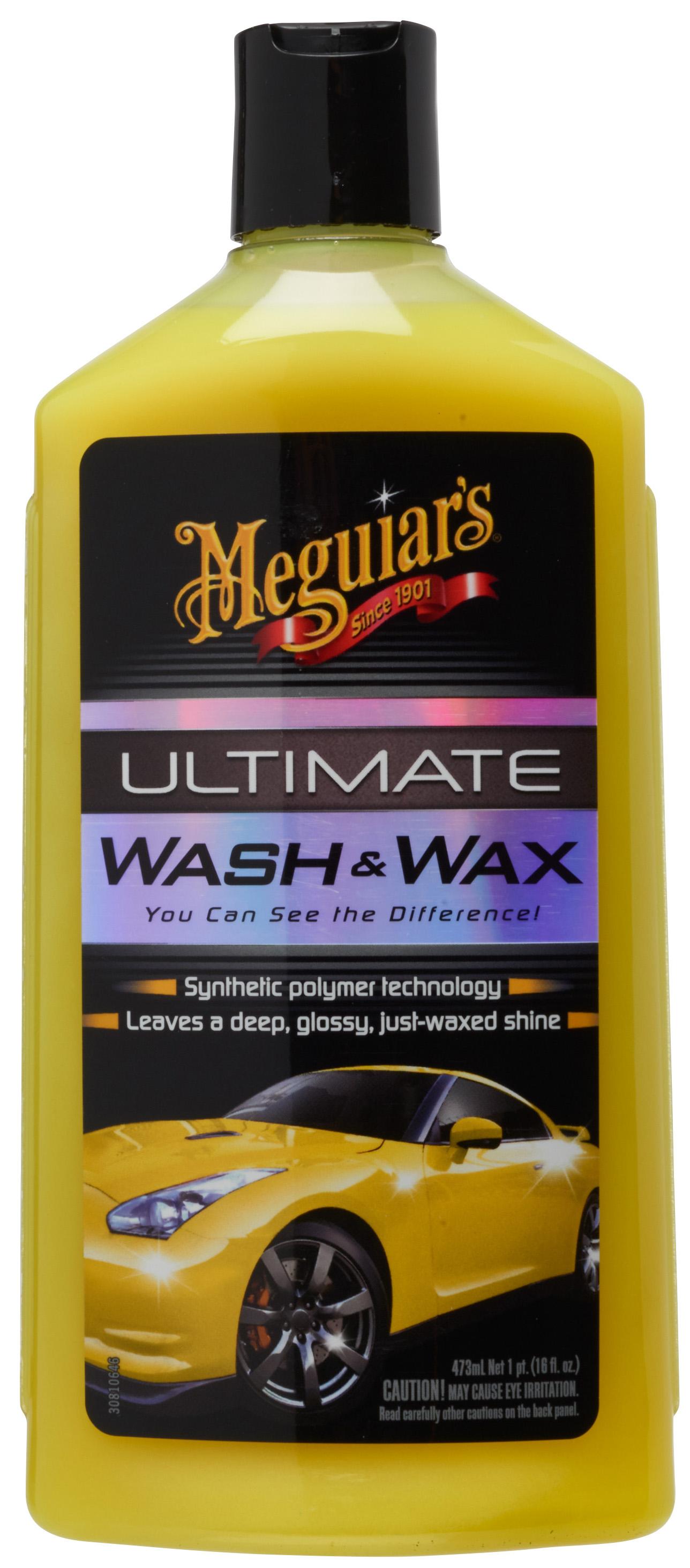 Yellow Meguiar's Ultimate Wash and Wax 16oz bottle with black cap and sports car image on label.