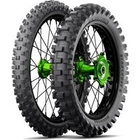 Michelin Starcross 6 motocross tyre, 110/90-19, rear, medium hard, rugged tread, black rubber, green hub.