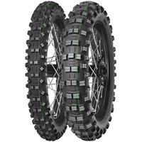 Black Mitas Terra Force-EF Enduro tyre, 90/100 21 size, with rugged tread pattern and green accents, front, super light.