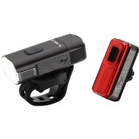 Black Moon Rigel Lite 500 front bike light and red Helix Lite 100 rear light with textured grips.
