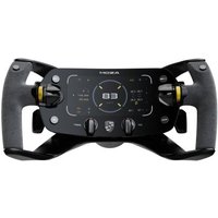 Moza Porsche Mission R black steering wheel with ergonomic grips, multiple buttons, and central digital display.