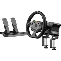 Moza Racing R5 Bundle with black steering wheel, RS20 pedals, and sturdy mounting clamps.