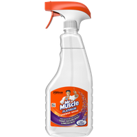 Clear spray bottle with orange trigger, Mr Muscle Platinum Shower Shine label, 500ml size.