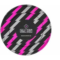 Black Muc-Off disc brake cover with pink and gray lightning pattern and logo in center.