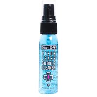 Muc-Off Helmet And Visor Cleaner, 35ml blue spray bottle with black pump and clear cap, branded label with cross symbol.