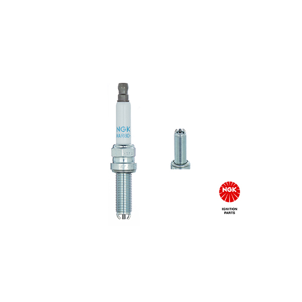 NGK Spark Plug 408995170, silver metal body with ribbed insulator and threaded end, NGK logo on side.