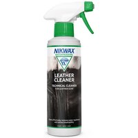 Nikwax Leather Cleaner 300ml bottle with green spray nozzle and label featuring cleaning action graphic.