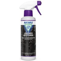 Nikwax Leather Restorer 300ml spray bottle with purple nozzle and label showing water droplets on leather.