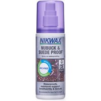 Nikwax spray-on waterproofing bottle with purple cap, labeled for nubuck and suede protection.