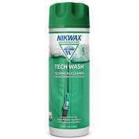 Green Nikwax Tech Wash bottle, 300ml, with zipper graphic and white cap, labeled for waterproof clothing cleaning.