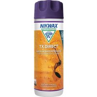 Nikwax TX Direct Wash In 300ml bottle, purple cap, orange label with water droplets and hanging jacket graphic.