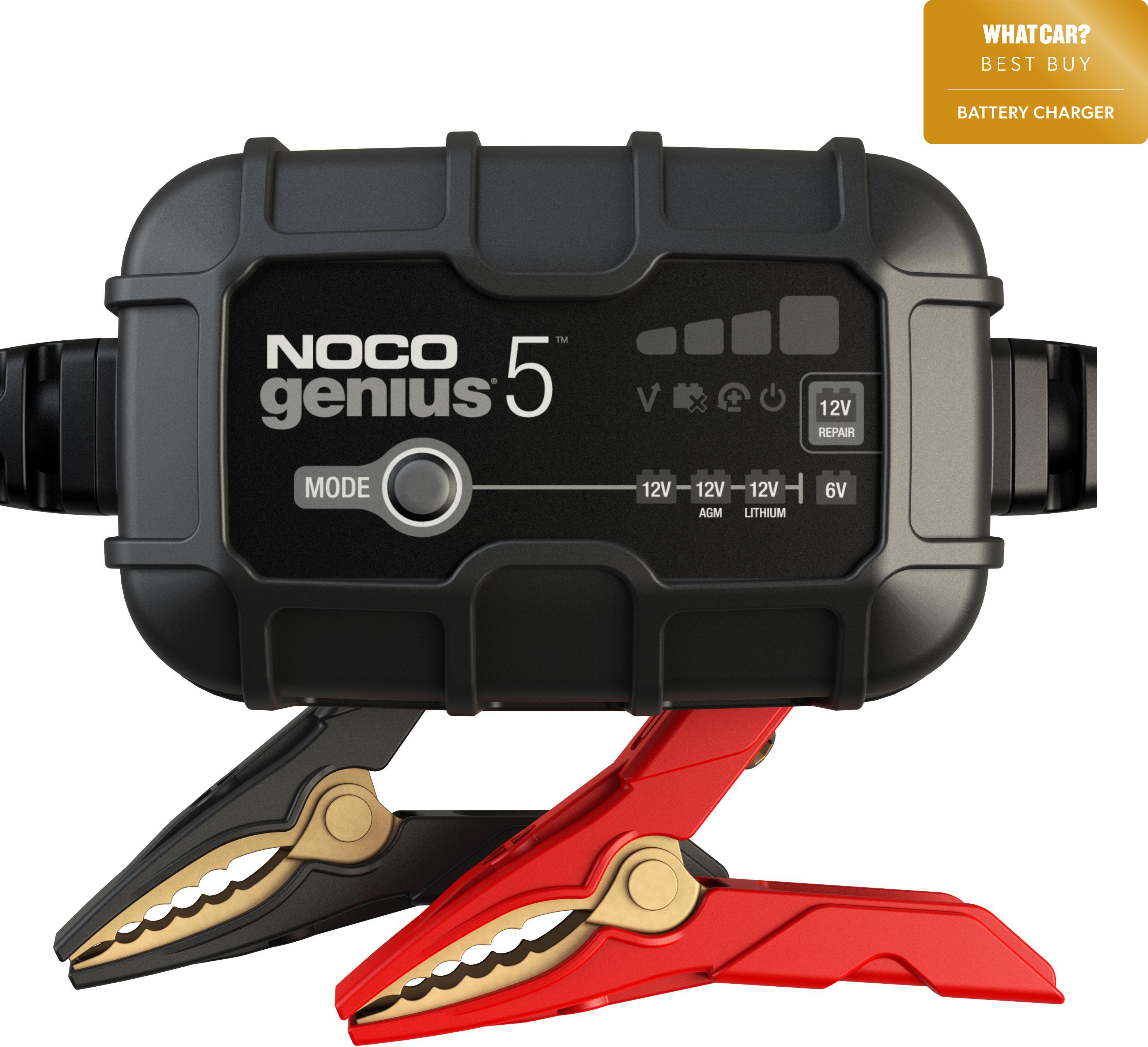 Black NOCO Genius 5 charger with digital display, mode button, and red and black battery clamps.