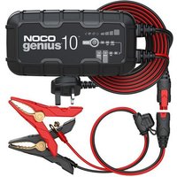 NOCO Genius10 black battery charger with red and black cables, clamps, and LED indicators.