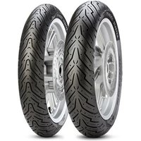 Black Pirelli Angel scooter tyre, 120/70 15, with intricate tread pattern, designed for front wheel use.