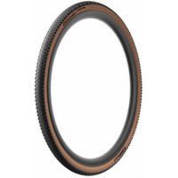 Black Pirelli Cinturato Adventure TechWALL 700c gravel tyre with brown sidewalls and textured tread pattern
