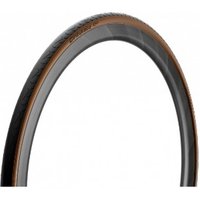 Black and tan Pirelli Cinturato Evo Classic 700c road bike tyre with a smooth tread and folding design.