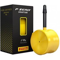 Yellow Pirelli P ZERO SmarTUBE Inner Tube with black valve, next to black box with yellow accents.