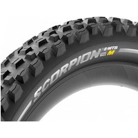 Black Pirelli Scorpion E-MTB M 29" tyre with rugged tread and white branding on the sidewall.