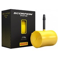 Yellow Pirelli Scorpion MTB SmarTube with black valve, next to black and yellow branded box.