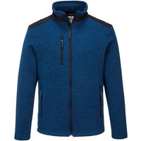 Blue Portwest KX3 fleece jacket, full zip, black shoulder accents, chest and side zip pockets, high collar.