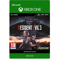 Xbox One game cover for "RESIDENT EVIL 3" featuring characters and a menacing figure in the background.
