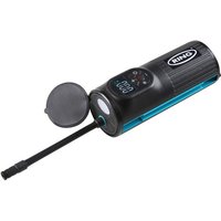 Black Ring handheld tyre inflator with digital display, rechargeable battery, and attached hose with nozzle.