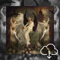 "Sanguivore fantasy art featuring a dark-winged figure surrounded by ethereal spirits on a skull-covered throne"