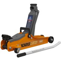 Orange Sealey 1020LE low entry trolley jack with black handle, gray lifting arm, and white detachable lever.