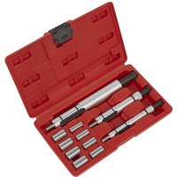 Red Sealey 11 Piece Clutch Alignment Tool Kit with silver and black tools in a red plastic case with compartments.