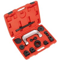 Red Sealey 14-piece ball joint tool kit with black components in a molded case for Mercedes and Renault vehicles.
