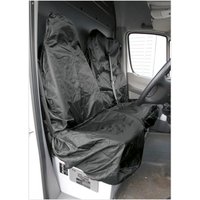 Black Sealey heavy duty van seat covers, waterproof material, fitted over two front seats in a vehicle interior.