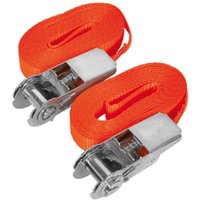 Orange Sealey ratchet tie down straps with silver metal ratchets, set of two, for securing loads.