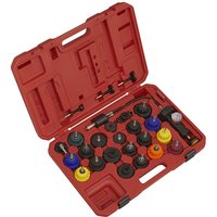 Red Sealey 25-piece automotive cooling system pressure test kit in a molded case with various adapters and a pressure gauge.