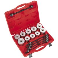Red Sealey 27 piece kit with metal bearing and bush removal tools in a molded case with secure latches.