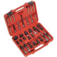 Red Sealey tool kit with 35 pieces, including various sockets and attachments, organized in a hard plastic case.