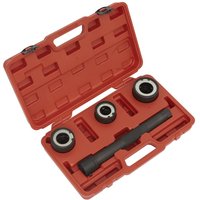 Red Sealey 4 Piece Steering Rack Knuckle Tool Set in a molded case with three circular tools and a black handle.