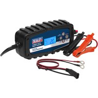 Black Sealey 400HF compact battery charger with blue digital display, ribbed casing, and red and black clamps.
