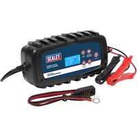 Black Sealey 650HF battery charger with digital display, ribbed casing, and red and black clamps.