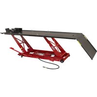 Red and black Sealey air/hydraulic motorcycle lift with ramp and adjustable platform.