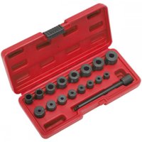 Red Sealey clutch aligning tool set with 17 black components in a molded case.