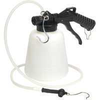Sealey 1ltr brake and clutch bleeder, white container with black handle, clear hose, and metal hook.
