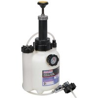 Sealey brake and clutch bleeding system with white tank, pressure gauge, and black pump handle.