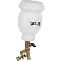 White Sealey brake fluid refill bottle with brass valve and clamp attachment.