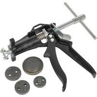 Black and silver Sealey brake piston wind back tool kit with T-handle and four round adapters.