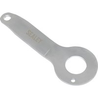 Silver Sealey crankshaft locking bracket with circular hole and engraved logo for BMW N47 chain drive engines.