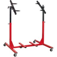 Red Sealey engine rebuild stand with adjustable arms, four caster wheels, and a 75kg capacity.