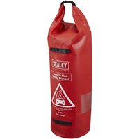 Red Sealey EV500 fire safety blanket in a silicone-coated bag with black handle and safety icons.