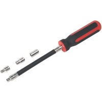 Sealey 4pc nut driver set with red and black handle, flexible shaft, and three chrome sockets in 5, 6, and 7mm sizes.